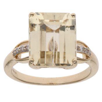 14ct Yellow Gold 0.04ct Brilliant and Emerald Cut Diamond and Praseolite Solitiare Ring