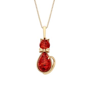 18ct Yellow Gold on Sterling Silver Baltic Amber Cat Pendant Necklace