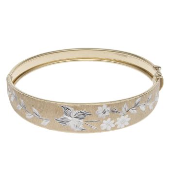 9ct Yellow and White Gold Floral Patterned Hinged Bangle