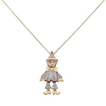 9ct Yellow Gold 0.10ct Diamond Clown Pendant and Chain 18"