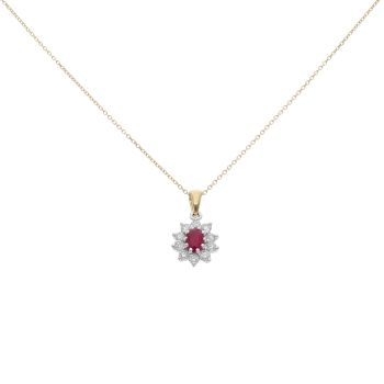18ct Yellow Gold 0.50ct Brilliant Cut Diamond and Ruby Cluster Pendant And Chain 18"