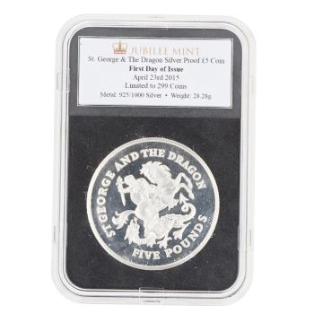 2015 'The First Day of Issue' St George & The Dragon Silver Proof 5 Pounds Coin Boxed