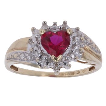 9ct Yellow Gold 0.03ct Diamond and Created Ruby Heart Cluster Ring