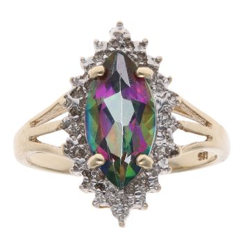9ct Yellow Gold 0.02ct Brilliant Cut Diamond and Mystic Topaz Marquise Ring