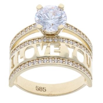 14ct Yellow Gold Single Stone Cubic Zirconia 'I Love You' Signet Ring