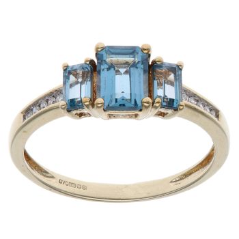 9ct Yellow Gold 0.05ct Diamond and Blue Topaz Three Stone Ring