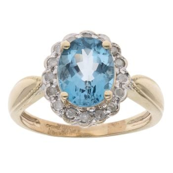 9ct Yellow Gold Blue Topaz And Cubic Zirconia Cluster Ring