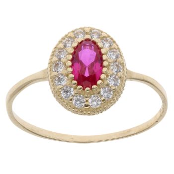 14ct Yellow Gold Cubic Zirconia and Red Gemstone Cluster Ring