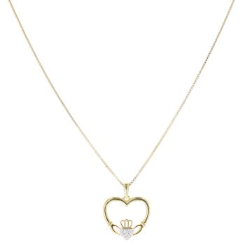 Gold Plated Silver Cubic Zirconia Claddagh Heart Pendant and Chain 18"