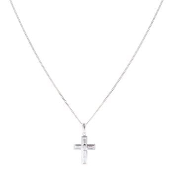 9ct White Gold Cubic Zirconia Cross Pendant and Chain 18"