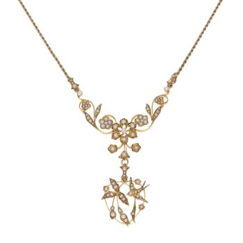 14ct Yellow Gold Pearl Flower and Bird Cluster Rope Necklace 16"