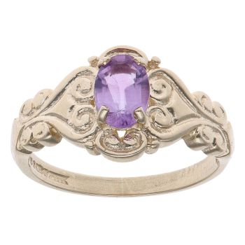 9ct Yellow Gold Patterned Amethyst Single Stone Ring