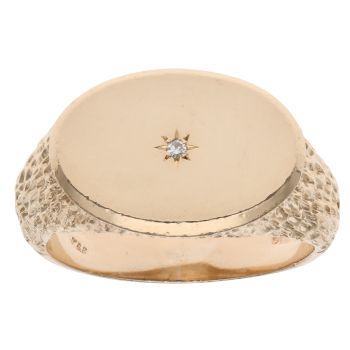 9ct Yellow Gold 0.02ct Diamond Patterned Signet Ring