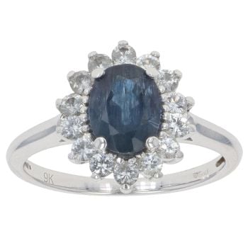 9ct White Gold Cubic Zirconia and Sapphire Cluster Ring