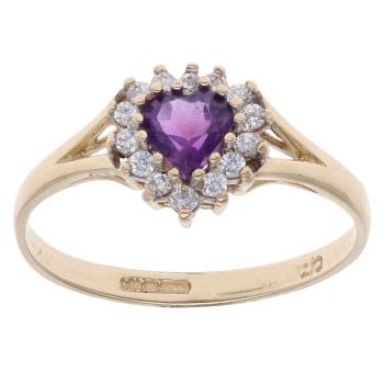 9ct Yellow Gold Cubic Zirconia and Amethyst Heart Cluster Ring