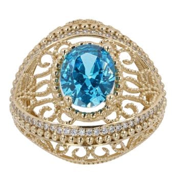 14ct Yellow Gold Cubic Zirconia Blue Gemstone Ring