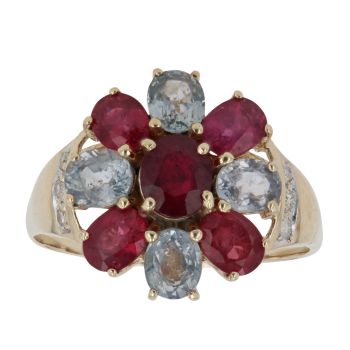 9ct Yellow Gold 0.05ct Diamond, Aquamarine and Ruby Cluster Ring
