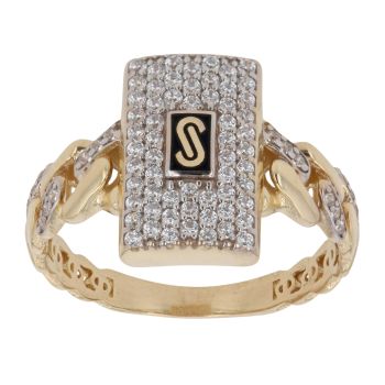 14ct Yellow Gold Monaco Classic Alternate Pave Link Cubic Zirconia Signet Ring