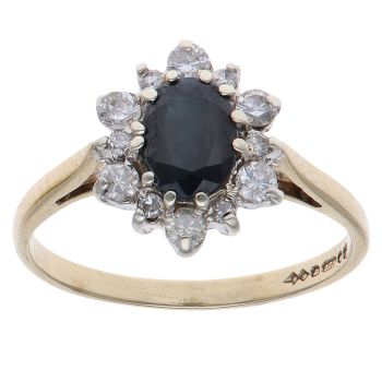 9ct Yellow Gold 0.30ct Brilliant Cut Diamond and Sapphire Cluster Ring