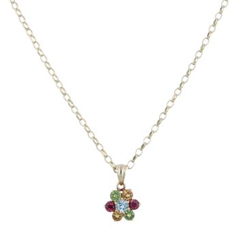 9ct Yellow Gold Multi-Gemstone Floral Cluster Pendant And Chain 20"
