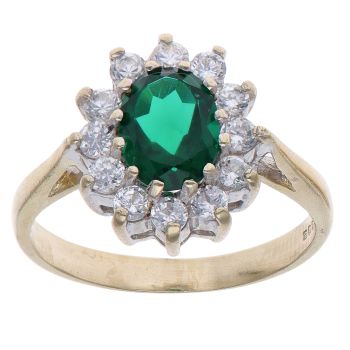 9ct Yellow Gold Green Gemstone and Cubic Zirconia Cluster Ring