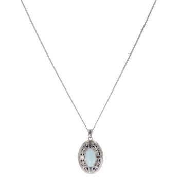 Silver Synthetic Opal Oval Locket and Chain 18" By Icesia