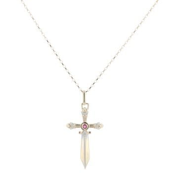 9ct Yellow Gold 0.05ct Diamond and Ruby Sword Pendant and Belcher Chain 20"