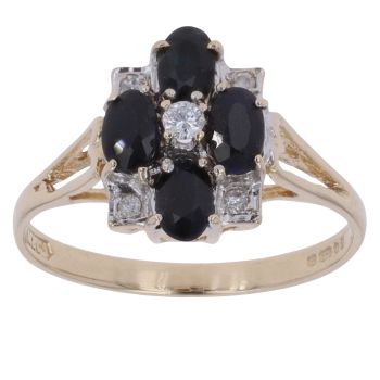 9ct Yellow Gold 0.10ct Brilliant Cut Diamond and Sapphire Cluster Ring