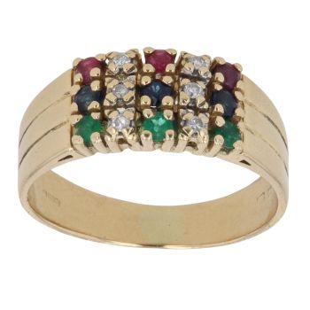 18ct Yellow Gold 0.05ct Diamond And Emerald, Ruby And Sapphire Fancy Ring