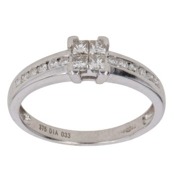 9ct White Gold 0.33ct Princess and Brilliant Cut Diamond Cluster Ring