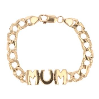 9ct Yellow Gold Mum Patterned and Plain Curb Bracelet 7"
