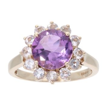 9ct Yellow Gold Amethyst And Cubic Zirconia Cluster Ring