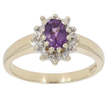 9ct Yellow Gold 0.05ct Diamond and Amethyst Cluster Ring