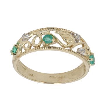9ct Yellow Gold 0.02ct Diamond and Emerald Leaf Ring