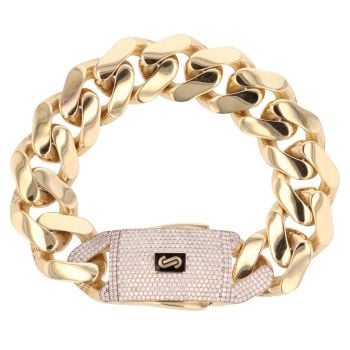 14ct Yellow Gold Monaco Curb Classic Cubic Zirconia Pave Lock Bracelet 9"