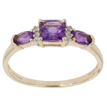 9ct Yellow Gold 0.05ct Diamond and Amethyst Three Stone Ring