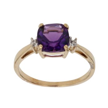 9ct Yellow Gold 0.05ct Brilliant Cut Diamond and Amethyst Solitaire Ring