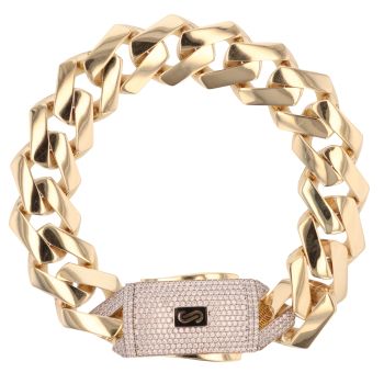 14ct Yellow Gold Monaco Edge Plain Pave Lock Curb Bracelet 9"
