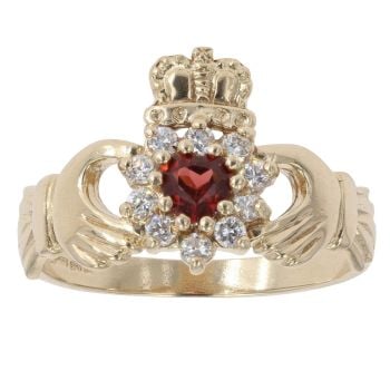 9ct Yellow Gold Garnet And Cubic Zirconia Claddagh Ring