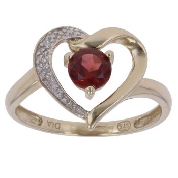9ct Yellow Gold 0.01ct Diamond and Garnet Heart Ring