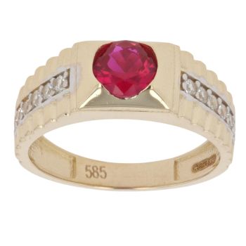 14ct Yellow and White Gold Children's Cubic Zirconia and Red Gemstone Patterned Signet Ring