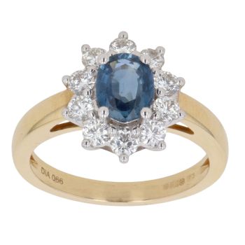 18ct Yellow Gold 0.66ct Brilliant Cut Diamond and Sapphire Cluster Ring