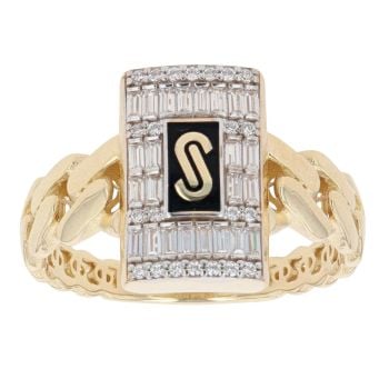 14ct Yellow Gold Monaco Classic Baguette and Brilliant Cut Cubic Zirconia Pave Signet Ring