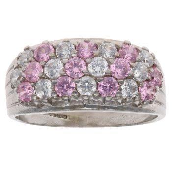 9ct White Gold Pink And Colourless Cubic Zirconia Three Row Ring