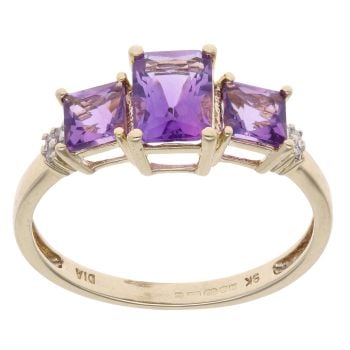 9ct Yellow Gold Amethyst and 0.05ct Diamond Three Stone Ring
