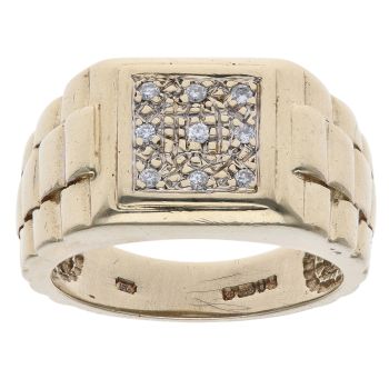 9ct Yellow Gold 0.10ct Diamond Watch Strap Cluster Signet Ring