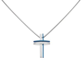 Unique & Co Stainless Steel Polished And Blue IP Plated Cross Pendant And Chain 20"