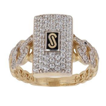 14ct Yellow Gold Monaco Classic Pave Link Cubic Zirconia Signet Ring