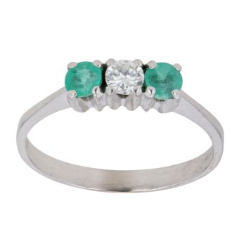 18ct White Gold 0.25ct Brilliant Cut Diamond and Emerald Three Stone Ring