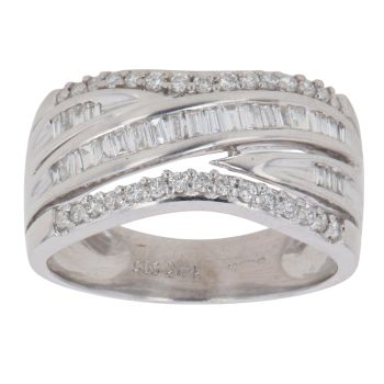 14ct White Gold 0.50ct Brilliant and Baguette Cut Diamond Crossover Ring